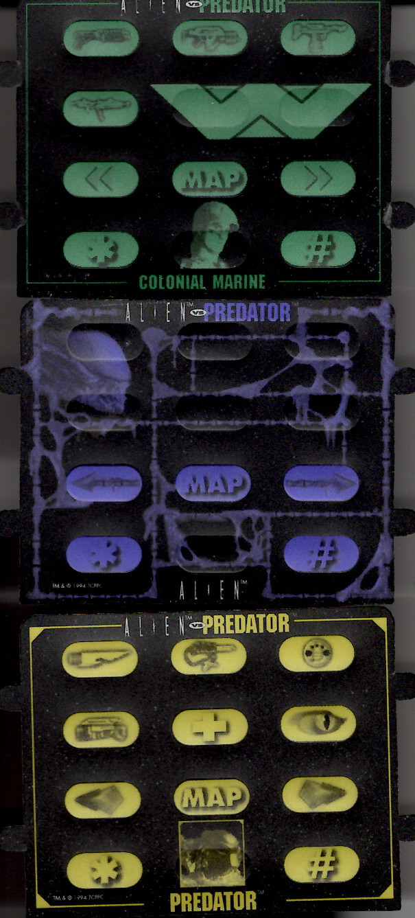 A scan of the Atari Jaguar controller overlays for Alien vs Predator. The player could use these overlays with their controllers to help them remember the controls for the game. Top to bottom: Colonial Marine (with buttons for switching between weapons), Alien, Predator (with buttons for switching between weapons and healing). All three overlays supported showing the map and staffing left and right
