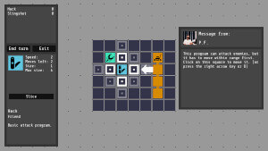 A grid of grey tiles, with several teal and yellow tiles, representing the player and the AI (respectively)