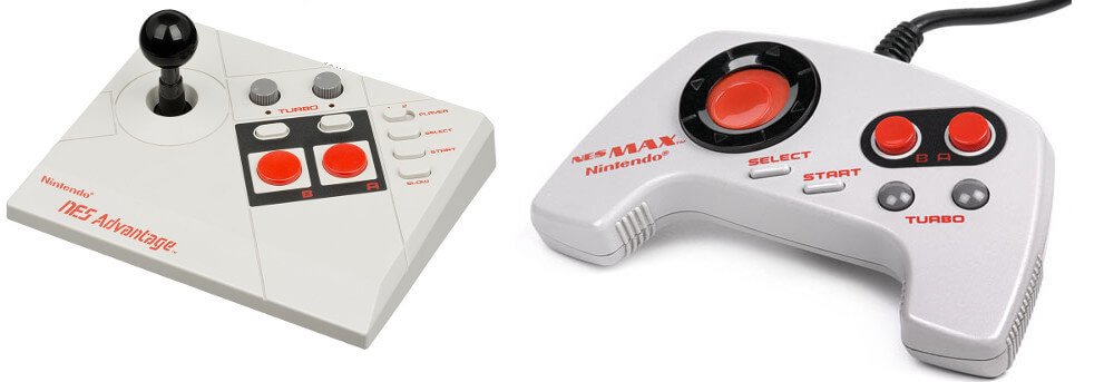A photo of a pair of controllers for the Nintendo Entertainment System (or NES). On the left is an Advantage Stick which, like the Power Stick, aimed to recreate the look and feel of an arcade cabinet, and on the right is a MAX with a more ergonomic "boomerang" design than the original, rectangular NES controller
