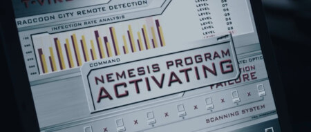 A screen showing some bar charts (without a key or label) offset against the text "NEMESIS PROGRAM ACTIVATING"