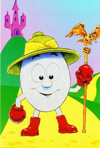 A hand drawn publicity image of Dizzy, an anthropomorphised egg explorer, wearing the trademark red boots and gloves, and a pith-style helmet
