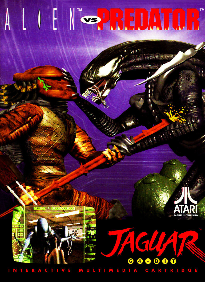 A scan of the box art for Alien va Predator on the Atari Jaguar. A Predator is stabbing a Xenomorph (an alien) in the chest and there are some alien eggs in the background