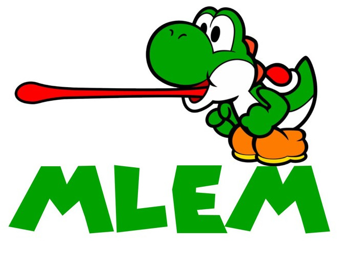 The fictional character of Yoshi, who is a green cartoon dinosaur. Yoshi has their tongue extended out of their mouth,in a straight horizontal line and is standing on the word' MLEM' in green. Mlem is the onomatopoeic sound that Yoshi uses when shooting their tongue outwards in the Super Mario games .